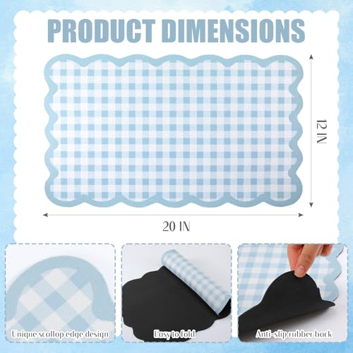 Scalloped Gingham Coffee Mat 12" x 20" Absorbent Coffee Bar Mat Brown Gingham Espresso Matt for Counter(Blue) - color: Blue