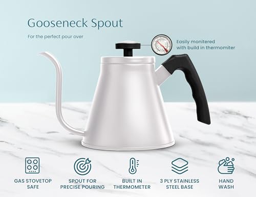 Kook Gooseneck Kettle, Kettle Stovetop, with Thermometer, Tea Pot, for Pour Over Coffee & Tea, Temperature Gauge, Electric, Compatible for Gas Stovetop, 3 Ply Stainless Steel Base, 27 oz, (White)