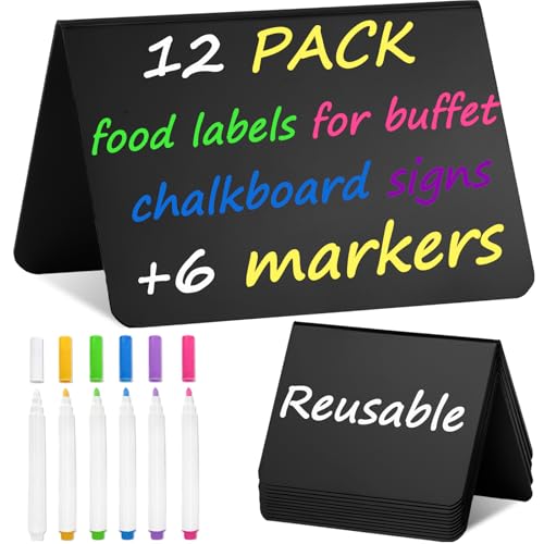 Herda 12 Pack 4"x3" Mini Chalkboard Signs for Party Buffet,Food Labels for Party Supplies-Wedding Table Signs -Bakery Food Tags-Small Chalkboard Place Cards with 6 Liquid Multicolored Chalk Markers - size: 12PCS-V