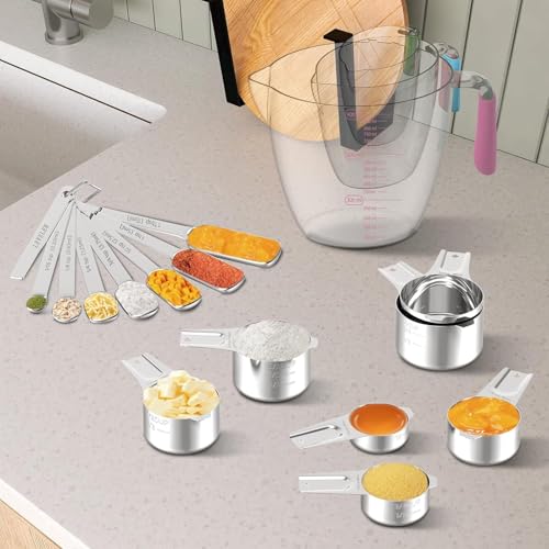 Stainless Steel Measuring Cups and Spoons Set, 6 Stainless Steel Measuring Cups, 7 Measuring Spoons & 1 Leveler, 3 Plastic Measuring Cup with 1 Measuring Conversion Chart - color: Sliver-Rectangle Measuring Spoons and Cups Set