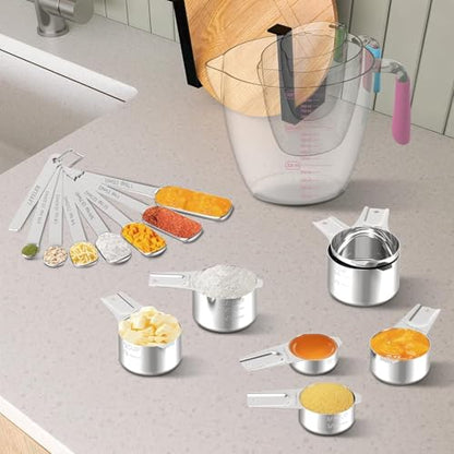 Stainless Steel Measuring Cups and Spoons Set, 6 Stainless Steel Measuring Cups, 7 Measuring Spoons & 1 Leveler, 3 Plastic Measuring Cup with 1 Measuring Conversion Chart - color: Sliver-Rectangle Measuring Spoons and Cups Set