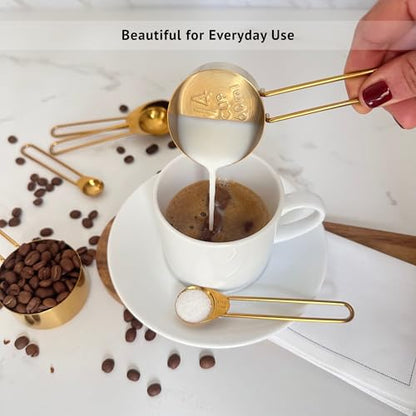Gold Measuring Cups and Spoons Set, Stainless Steel Measuring Cups, 8 Piece Gold Kitchen Measuring Set, Engraved Measurements, Durable Nesting Design - color: Gold