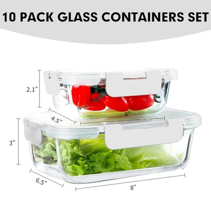 VERONES 10Pack Glass Meal Prep Containers, Airtight Glass Lunch Containers,Stackable Food Storage Containers Set with Lids,Exclusive of BPA, for Microwave,Oven, Freezer&Dishwasher Friendly,White - color: White
