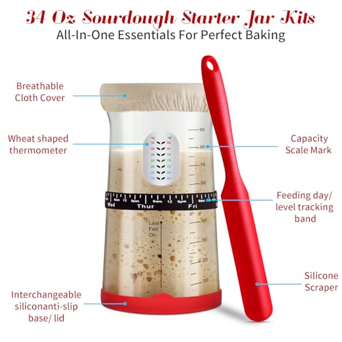 Sourdough Starter Kit,Gift for Bakers Sourdough Bread Baking Supplies,34oz Starter Jar, 2 Cotton Rope Proofing Baskets & More for Sourdough Starter Bread Making Baking Fermentation
