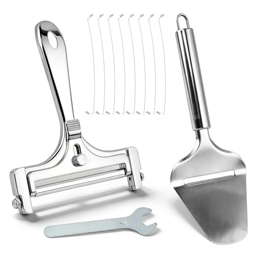 Stainless Steel Wire Cheese Slicer, Adjustable Hand Held Cheese Cutter with 8 Extra Wires & Wrench, Food Slicer for Block Butter Cutter Tools Cheeses Shaver(COLOR:silver)