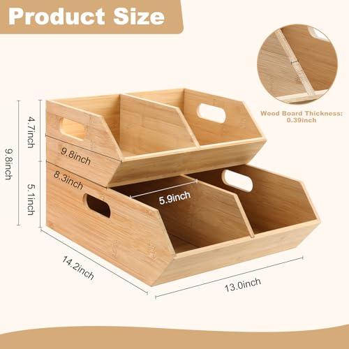2 Set Pantry Organizers and Storage Bins, Bamboo Stackable Baskets for Potatoes, Onion, Bread, Vegetables - Bamboo Pantry Organizer Containers for Drawer, Cabinet, Countertop