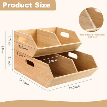 2 Set Pantry Organizers and Storage Bins, Bamboo Stackable Baskets for Potatoes, Onion, Bread, Vegetables - Bamboo Pantry Organizer Containers for Drawer, Cabinet, Countertop