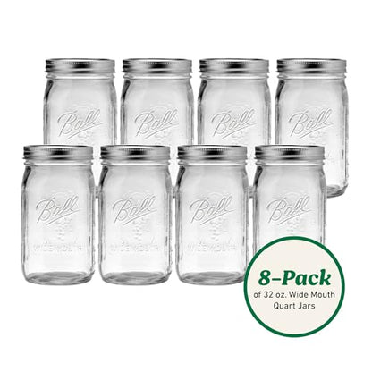 Ball Wide Mouth Quart 32oz. Glass Mason Jar with Lids and Bands, 8 Count - size: 32oz (8-pack)