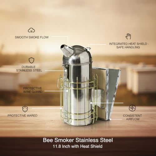 Bee Smoker Stainless Steel with Heat Shield for Hive Inspection 11.8 Inch (1 PC)