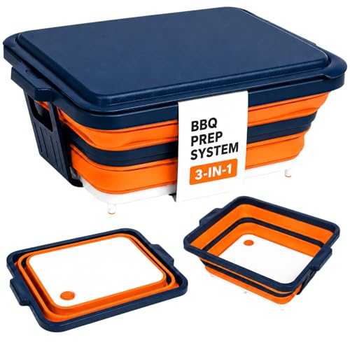 Collapsible BBQ Prep Tub with Convertible Cutting Board Design & Serving Lid – XL Brine Container & Meat Prep System for Brisket, Smoking, Grilling, Camping & Tailgating