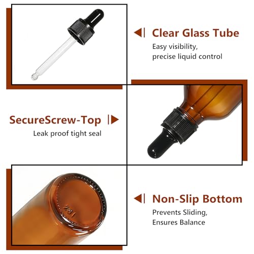 48 Pack 2oz Amber Glass Dropper Bottles, 60ml Leakproof Eye Dropper Bottles with Glass Droppers for Essential Oils, Tinctures, Serum, Hair Oil & Travel Liquids - size: 2oz