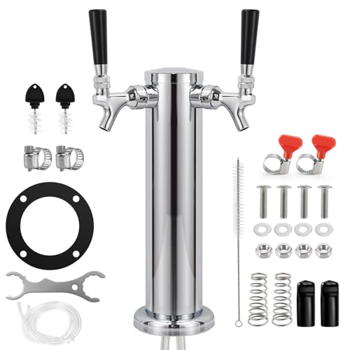 Dual Beer Tower Dispenser - Double Tap Kegerator Tower Draft Beer Tower Dispenser Pre-installed 5ft Beer Line Stainless Steel Core Faucet Double Keg Tap Beer Tower for 3" Kegerator Tower - size: Dual Tap Beer Tower