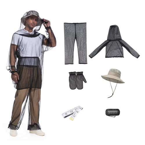 Premium Mosquito Suit-Jacket With Hood/Pants/Mitts/Gift Bag/Tape Measure-Full Body Protection Bugs Clothes - color: Black With Sun Hat, size: Large-X-Large