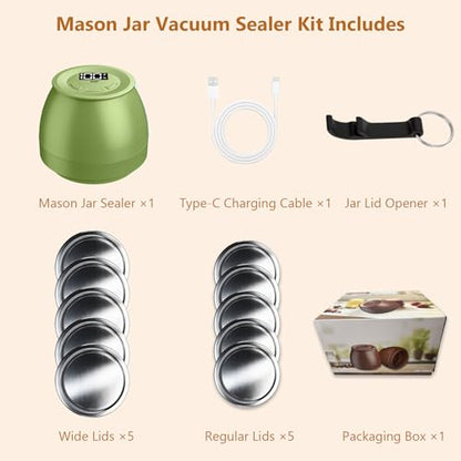 Zivif Electric Mason Jar Vacuum Sealer Kit for Wide & Regular Mouth Jars, Automatic Jar Sealer for Food Storage & Fermentation, Includes 10 Mason Jar Lids, Green - color: Green