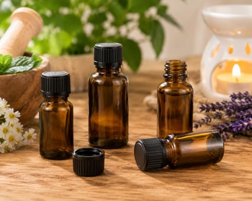 50Pack Set 10ML Amber Glass Bottle with Orifice Reducer and Cap Small Essential Oil Vials (10ML) - size: 10ML