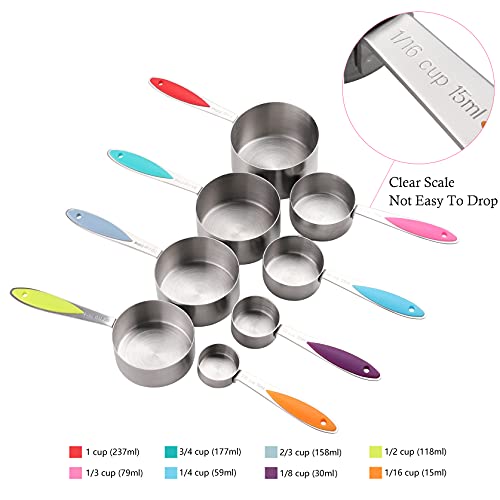 Measuring Cups and Spoons Set Stainless Steel Including 8 Stackable Measuring Cup 8 Double Sided Magnetic Measuring Spoons with 1 Leveler for Dry and Liquid Ingredients - color: Multicolor