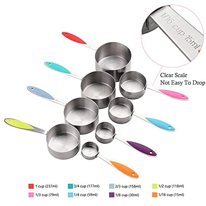 Measuring Cups and Spoons Set Stainless Steel Including 8 Stackable Measuring Cup 8 Double Sided Magnetic Measuring Spoons with 1 Leveler for Dry and Liquid Ingredients - color: Multicolor