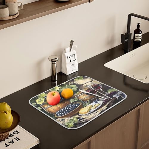 Red Wine Bottles Grapes Cheese Dish Drying Mats for Kitchen Counter, 18x24 inch Drying Dishes Absorbent Microfiber Dish Drainer Mat Rack Pad Fast Dry - size: 18x24in