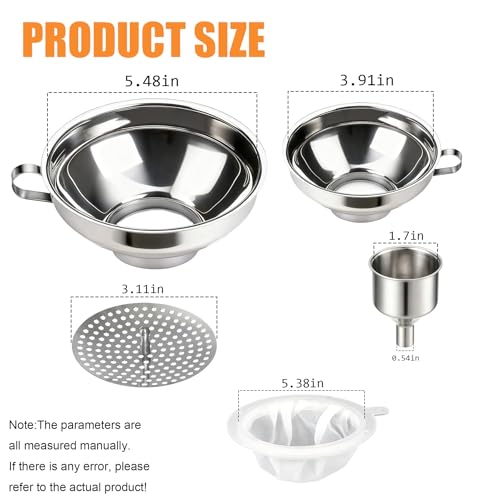 Stainless Steel Canning Funnel Set, Wide Mouth Kitchen Funnels with Strainer & Mesh, 5 Pack Canning Supplies for Mason Jars, Bottles, Jam, Liquids and Dry Goods