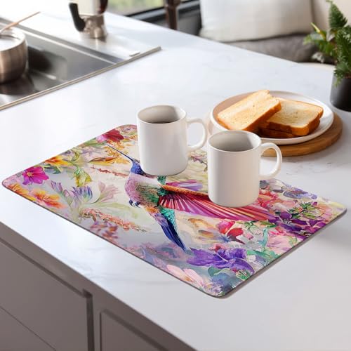 Hummingbird Dish Drying Mat for Kitchen Counter Microfiber Super Absorbent Non-Slip Dish Drying Pad for Countertops Dishes Utensils Stylish Quick-Dry Machine Washable 18x24 Inch - color: Hummingbird