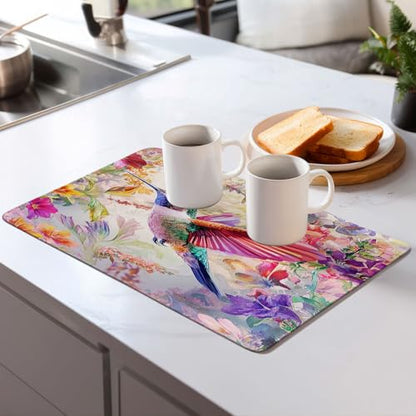 Hummingbird Dish Drying Mat for Kitchen Counter Microfiber Super Absorbent Non-Slip Dish Drying Pad for Countertops Dishes Utensils Stylish Quick-Dry Machine Washable 18x24 Inch - color: Hummingbird