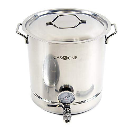 GasOne 16 Gallon Stainless Steel Home Brew Kettle Pot Pre Drilled 4 PC Set 64 Quart Tri Ply Bottom for Beer Brewing Includes Stainless Steel Lid Ball Valve, Thermometer, Spigot - Home Brewing Supplies - size: 64 QT/16 GALLON