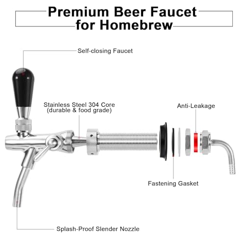 Adjustable Beer Faucet Brass Keg Tap with Stainless Steel Core Flow Control and Long Shank - 5/16'' Barb G5/8 Thread Draft Beer Tap for Kegerator, Home Brewing & Bar