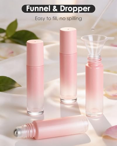 Worldgsb 25 Pack Essential Oil Roller Bottles, 10ml Refillable Glass Roller Bottles with Stainless Steel Roller Balls and Caps for Travel, Perfume and Lip Gloss Pink Gradient - color: Pink-Gradient, style: 25 Pack