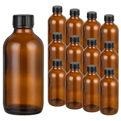 Small Glass Bottles with Lids Boston Round Shot Bottles for Health, Immunity, Ginger Juice, Essential Oils, Potion - Leak Proof Mini Travel Containers (Amber UV, 4oz-24Pack) - color: Amber UV, size: 4oz-24Pack