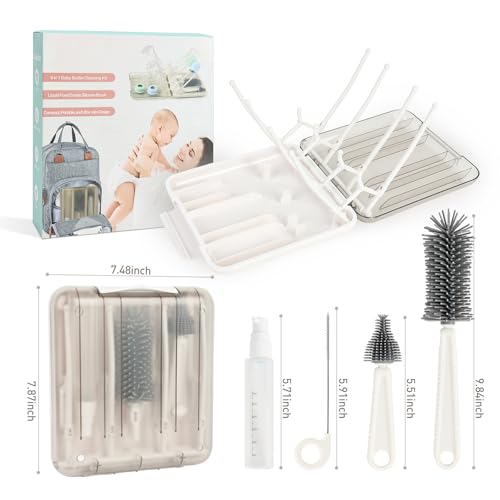 Baby Bottle Brush Set, 6-in-1 Travel Bottle Cleaner Kit with Silicone Bottle Brush, Nipple & Straw Brush, Soap Dispenser, Drying Rack, Storage Box – Compact Baby Travel Essential for Home & On-The-Go - color: White