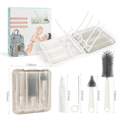 Baby Bottle Brush Set, 6-in-1 Travel Bottle Cleaner Kit with Silicone Bottle Brush, Nipple & Straw Brush, Soap Dispenser, Drying Rack, Storage Box – Compact Baby Travel Essential for Home & On-The-Go - color: White