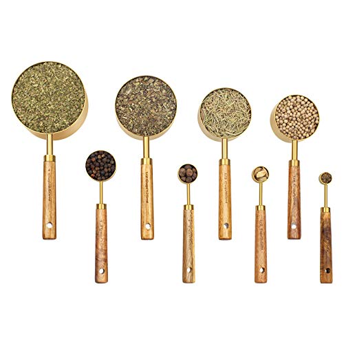 Measuring Cups and Spoons Set of 8, Golden Stainless Steel Measuring Cup with Wooden Handle, Kitchen/Food/Liquid/Baking (gold) - color: Gold