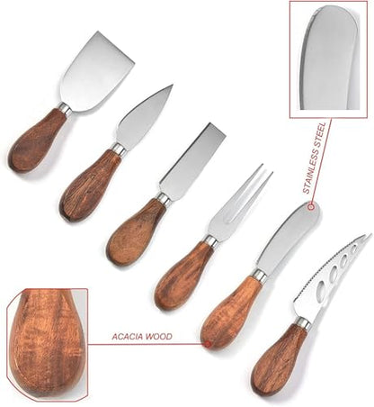 Cheese Knives 6 Set with Wooden Handle, Mini Steel Stainless Cheese knife set for Charcuterie and Cheese spread Mini Serving Tongs Spoons Forks Toothpick Flags for party Wedding Christmas - color: Wood