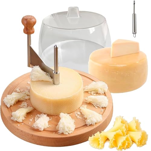 Cheese Curler Wheel with Lid - Stainless Steel Girolle Cheese Shaver Tool with Wood Base - Round Floral Slicer Maker for Tête de Moine, Hard Cheeses & Chocolate