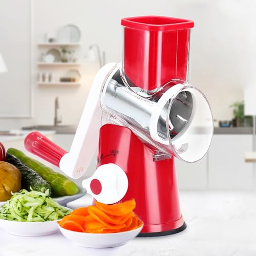 Cambom Rotary Cheese Grater Hand Crank Cheese Shredder for Fresh Cheese, Vegetable, Nuts,Non-slip Suction Base，Three Blades,Red - color: Red, size: 3 BLADES