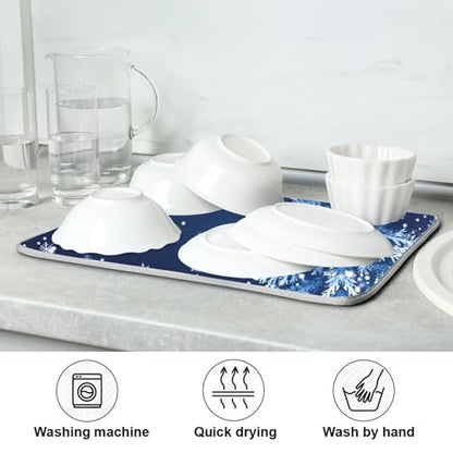 Christmas Tree Blue Dish Drying Mat for Kitchen Countertop 16x18 Winter Snowflake Silver Xmas Small Drying Mat Reusable Quick Dry Dish Sink Mats Easy Clean Decorative Essentials - size: 16x18(in)x1