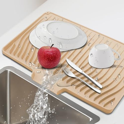 Silicone Dish Drying Mat for Kitchen Countertops and Sinks,19 x13.7 Inch Non Slip Heat Resistant Mat with Built In Drainage System,For Refrigerator and Drawer Liners (beige, 19 x13.7 Inch) - color: Beige