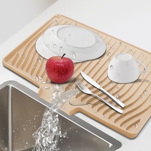 Silicone Dish Drying Mat for Kitchen Countertops and Sinks,19 x13.7 Inch Non Slip Heat Resistant Mat with Built In Drainage System,For Refrigerator and Drawer Liners (beige, 19 x13.7 Inch) - color: Beige