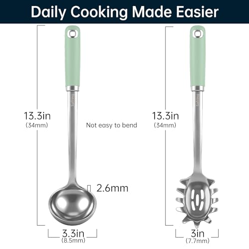 Safring Stainless Steel Soup Ladle and Spaghetti Spoon Set, Heat Resistant Rubber Handle, Dishwasher Safe, Kitchen Utensils for Cooking, Stirring, Serving Pasta, Soup & Sauce (Mint) - color: Mint