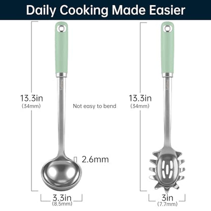 Safring Stainless Steel Soup Ladle and Spaghetti Spoon Set, Heat Resistant Rubber Handle, Dishwasher Safe, Kitchen Utensils for Cooking, Stirring, Serving Pasta, Soup & Sauce (Mint) - color: Mint