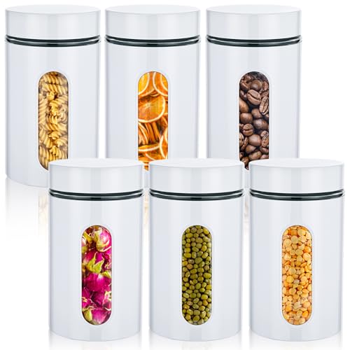 Mimorou 6 Pack Kitchen Canisters Set Airtight Coffee Sugar Tea Storage Jars with Window Glass Stainless Steel Containers with Lids for Flour Cookies Spices Grains Kitchen Decorations(White,32 oz) - color: White, size: 32 oz