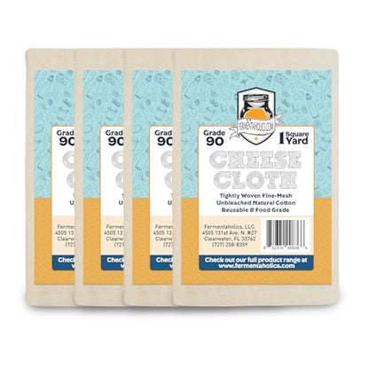 Fermentaholics Unbleached Grade 90 Cheesecloth | 1 Square Yard, Ultra Fine-Mesh, Food-Grade Cheesecloth | Cheese Cloth for Cooking, Straining Cheese, Nut Milks, Bone Broth, Infusions, Tea, etc. (4 Pack) - size: 4 Pack