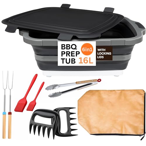Livingstones Designs 6-in-1 BBQ Prep Tub Set: 16L Collapsible Station with Locking Lid, Thermal Bag, Meat Shredder Claws, Heat-Resistant Basting Brushes, Stainless BBQ Tong & Forks for Grilling & More