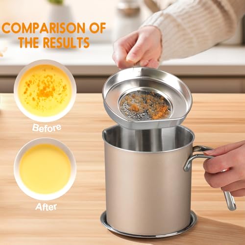 Chihee Grease Container Stainless Steel 2L / 67.6 fl oz Fine Mesh Strainer | Easy to Clean Large Spout Bacon Grease Saver Cooking Oil Keeper Stoarge Can with Dust-proof Lid Non-slip Tray Kitchen Frying - color: Champagne Gold(2L)