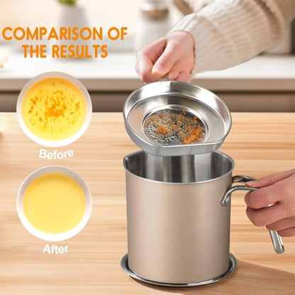 Chihee Grease Container Stainless Steel 2L / 67.6 fl oz Fine Mesh Strainer | Easy to Clean Large Spout Bacon Grease Saver Cooking Oil Keeper Stoarge Can with Dust-proof Lid Non-slip Tray Kitchen Frying - color: Champagne Gold(2L)