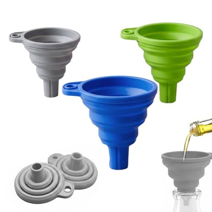 Kitchen Funnel Set 3 Pack, Food-Grade Collapsible Silicone Funnels for Kitchen Use Filling Bottles, Easy Clean Space-Saving Funnels for Water Oil Liquid Transfer (Blue+Green+Gray) - color: Blue+Green+Gray