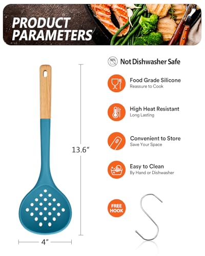 Kitchen Ladle Strainer, Large Slotted Spoon with High Heat Resistant BPA Free, Non Stick Cooking Skimmers For Draining & Frying, 13.2inch (Blue) - color: Blue