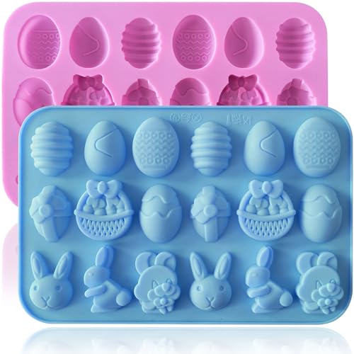 HKNMTT Easter Silicone Candy Mold 2-PACK 9 Shaped Egg Rabbit 72 Cavities Chocolate Mould Wax Melt Tray for Gummies Cupcake Decor Kids Holiday Gift Fudge Making Set - style: Easter - 2PCS