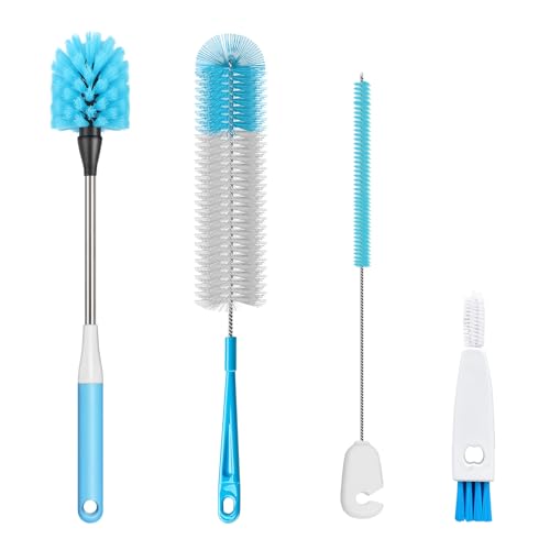 4-in-1 Bottle Brush, 16 Inches Stainless Steel Bottle Cleaner Brush with Long Handle Narrow Neck Bottle Brush, Straw Brush & Lid Brushe for Cleaning Wine Glasses,Coffee Mugs,Tumblers,Wine Decanters - color: Blue-4