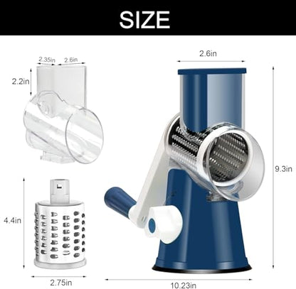 Cambom Rotary Cheese Grater Hand Crank Cheese Shredder for Fresh Cheese, Vegetable, Nuts,Non-slip Suction Base，Three Blades,Dark Blue - color: Dark Blue, size: 3 BLADES